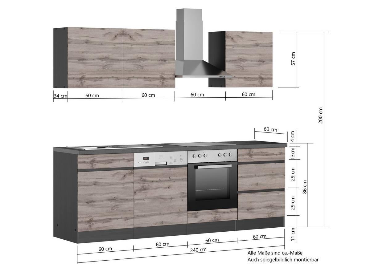 Küchenblock Turin mit Geräten ca. 240 cm Grau/Eiche - Eiche Wotan/Grau, Design, Holzwerkstoff (240cm) - Held