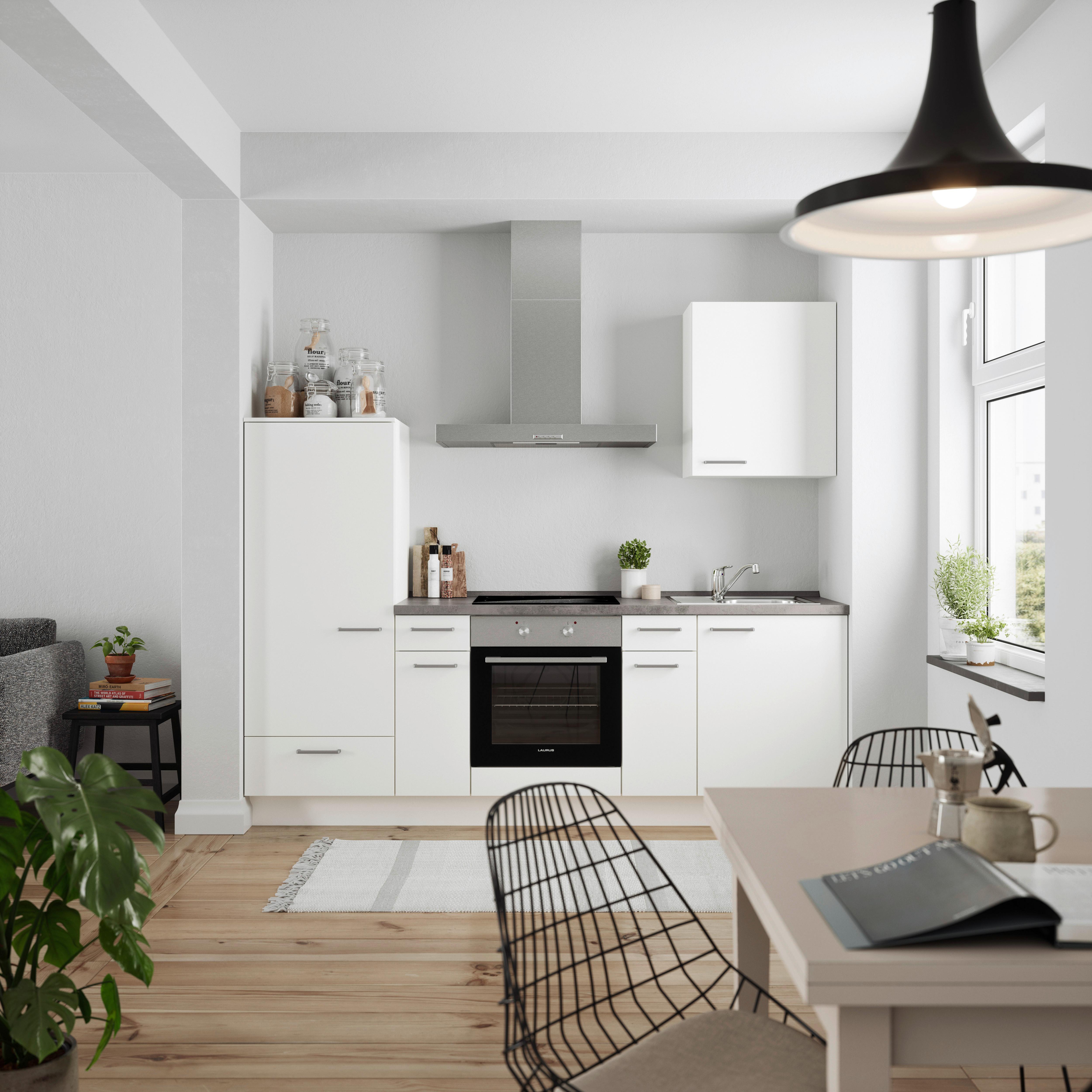 Küchenblock Touch Low m. Geräten Weiß - Schieferfarben/Edelstahlfarben, MODERN, Holzwerkstoff/Metall (240cm) - Nobilia