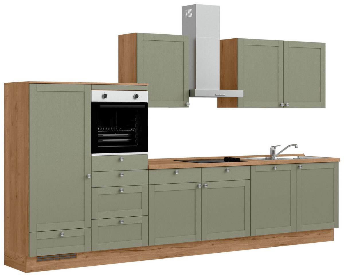 Küchenleerblock Frame Low o. Geräte Olivgrün - Edelstahlfarben/Eichefarben, MODERN, Holzwerkstoff/Metall (360cm) - Nobilia