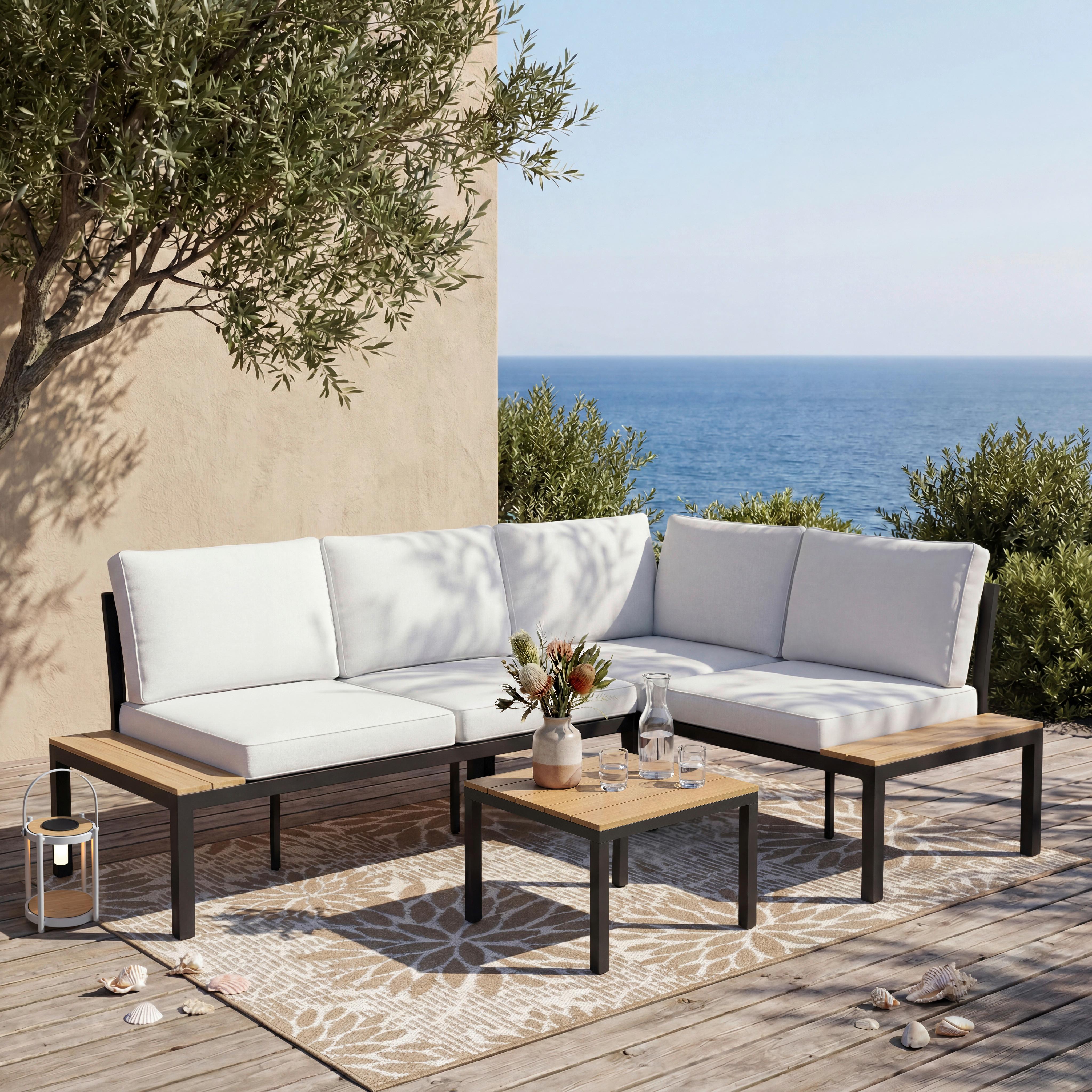 LoungegarniturSet Arianna Weiß Outdoorstoff/Metall +Abdeckung - Creme/Schwarz, MODERN, Kunststoff/Textil (146/76/75cm) - Bessagi Garden