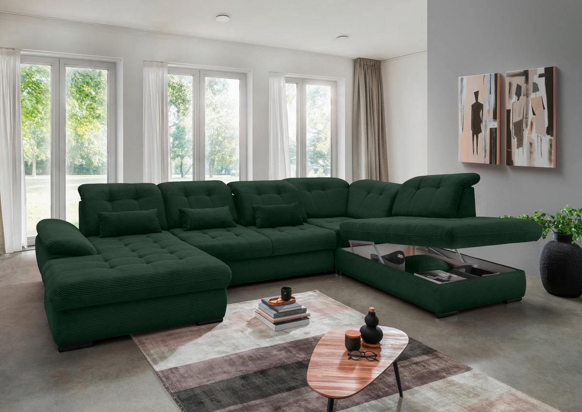 Wohnlandschaft Rigatti Dunkel Grün Cord mit Bettkasten - Dunkelgrün/Schwarz, MODERN, Textil/Metall (184/387/252cm) - Livetastic