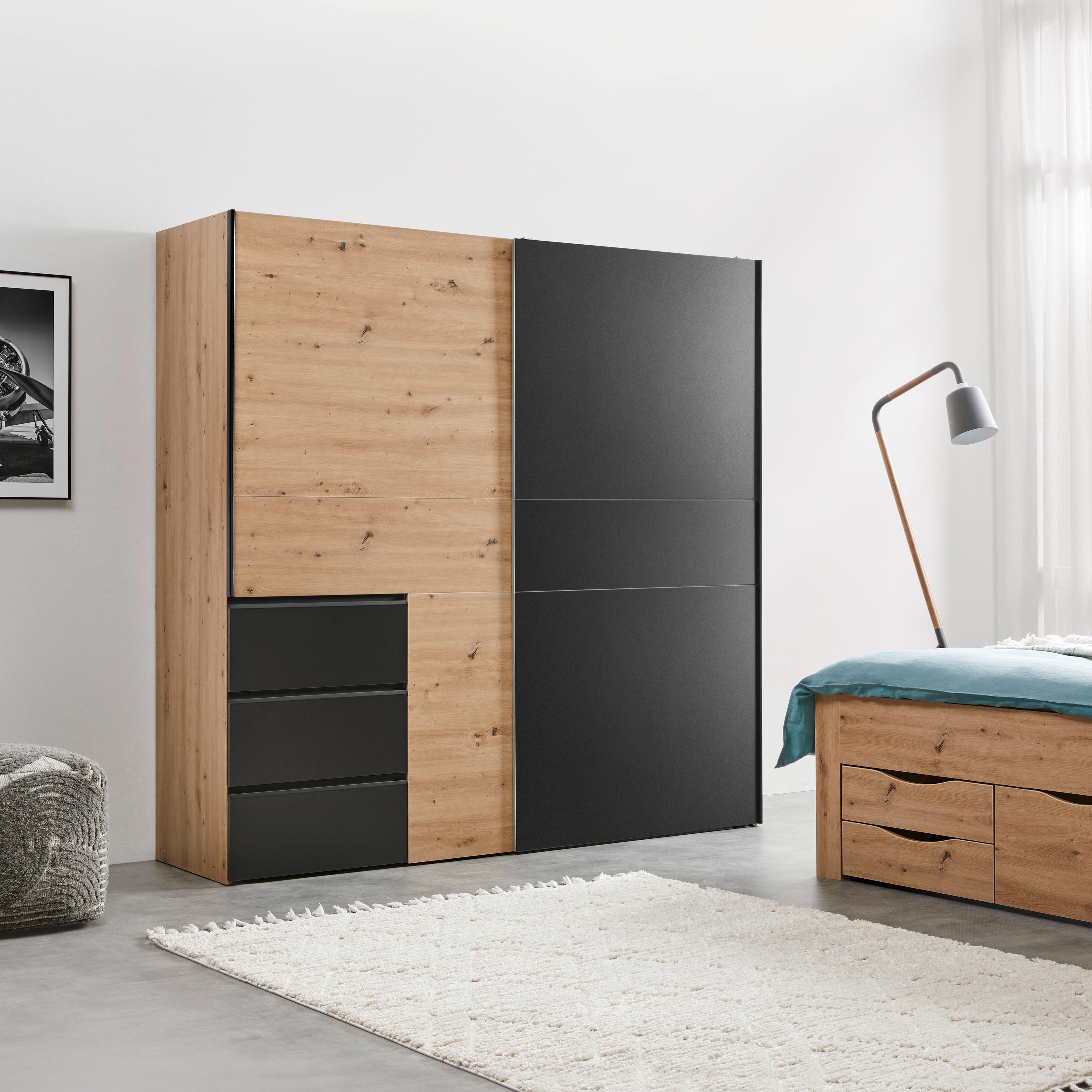Schwebetürenschrank Racer Schwarz ca. 200,1x200,5x61,2cm - Eichefarben/Schwarz, KONVENTIONELL, Holzwerkstoff/Kunststoff (200,1/200,5/61,2cm) - Mömax
