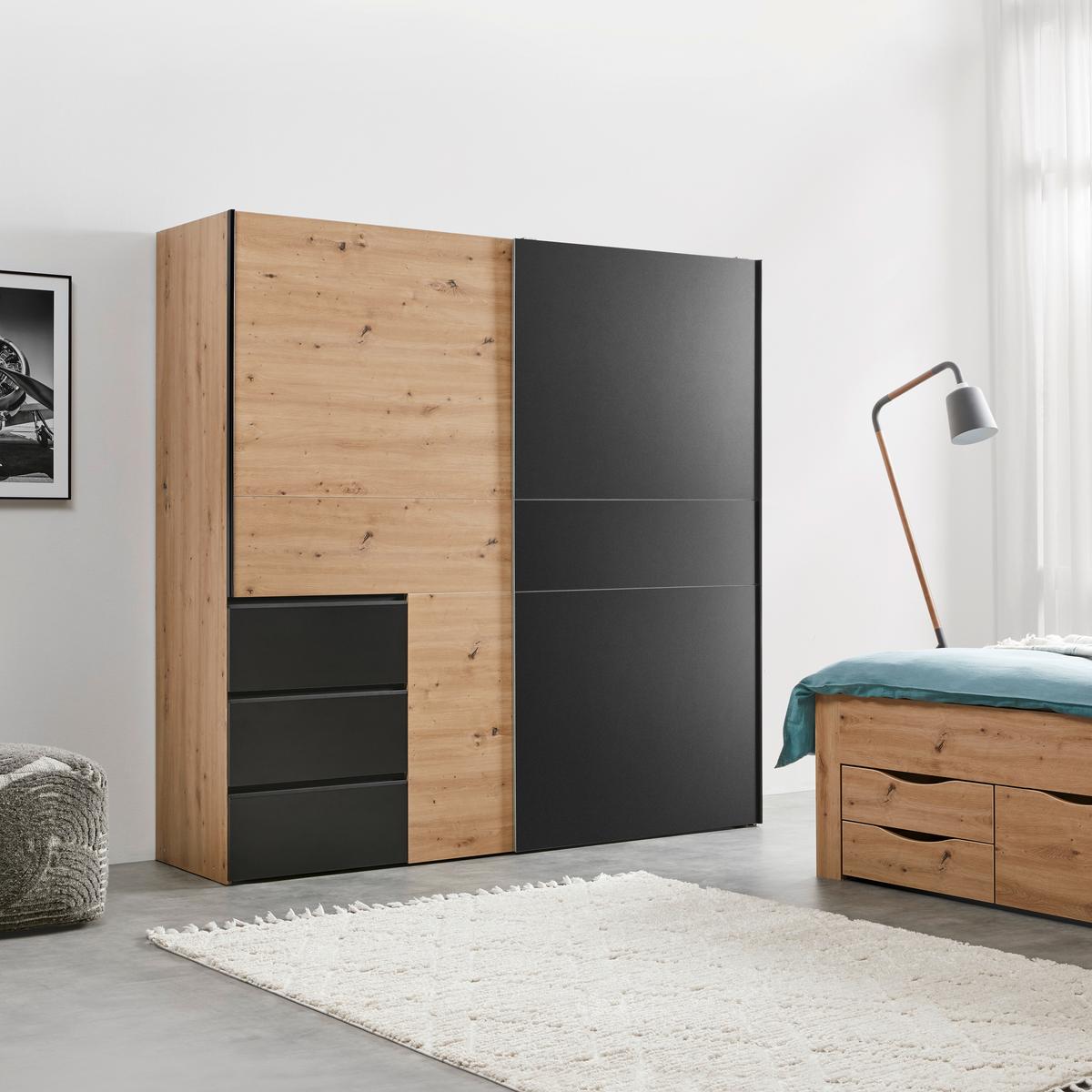 Schwebetürenschrank Racer Schwarz ca. 200,1x200,5x61,2cm - Eichefarben/Schwarz, KONVENTIONELL, Holzwerkstoff/Kunststoff (200,1/200,5/61,2cm) - Mömax