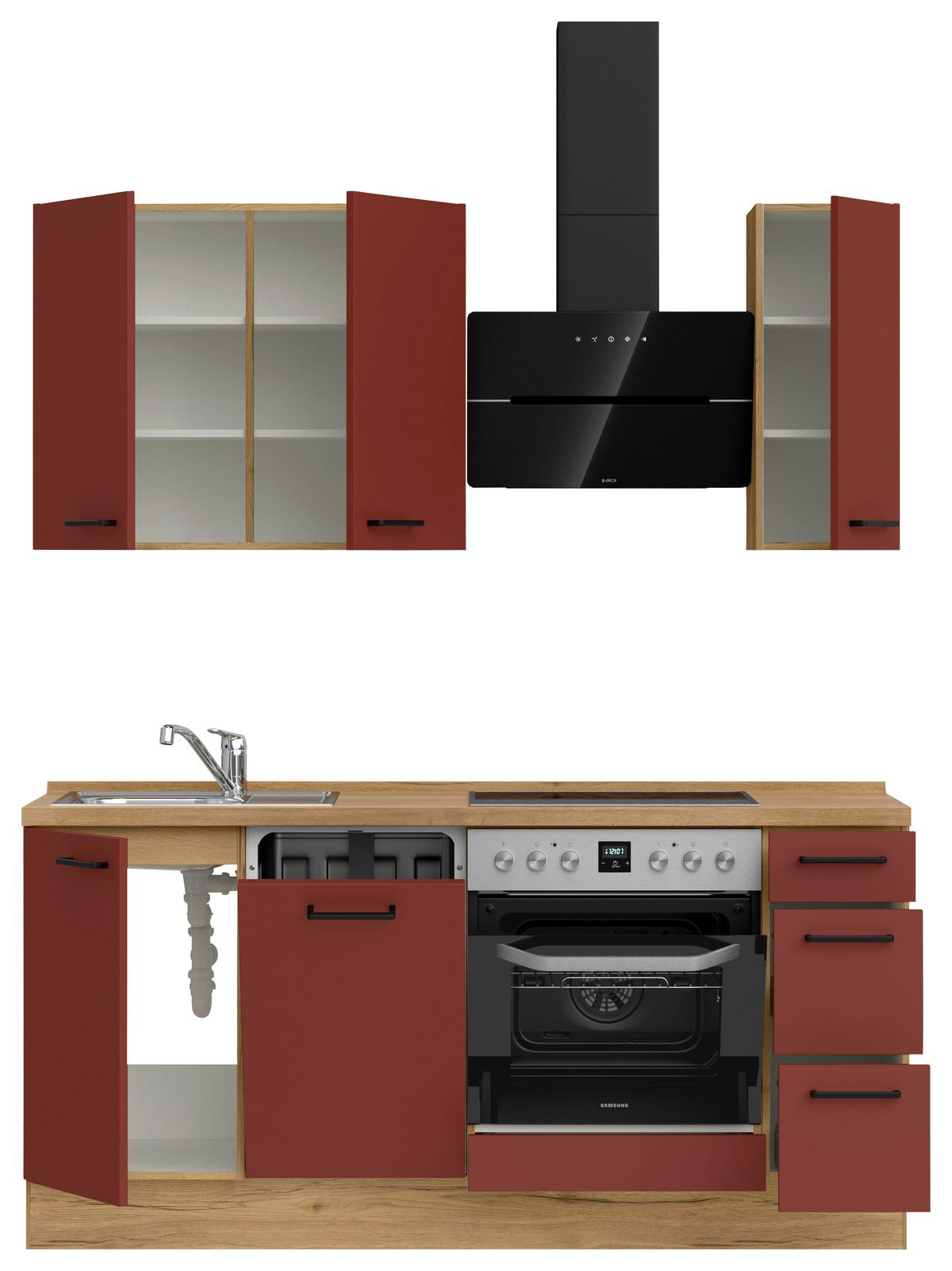 Küchenblock Easytouch High m. Geräten Dunkelrot - Eichefarben/Schwarz, MODERN, Holzwerkstoff/Metall (180cm) - Nobilia