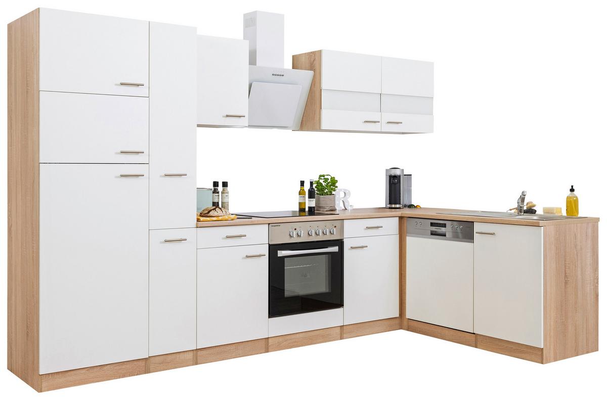 Eckküche Economy Weiß/ Eichefarben ca. 310x200 cm - Edelstahlfarben/Eichefarben, Basics, Holzwerkstoff/Metall (310/200/172cm) - Respekta