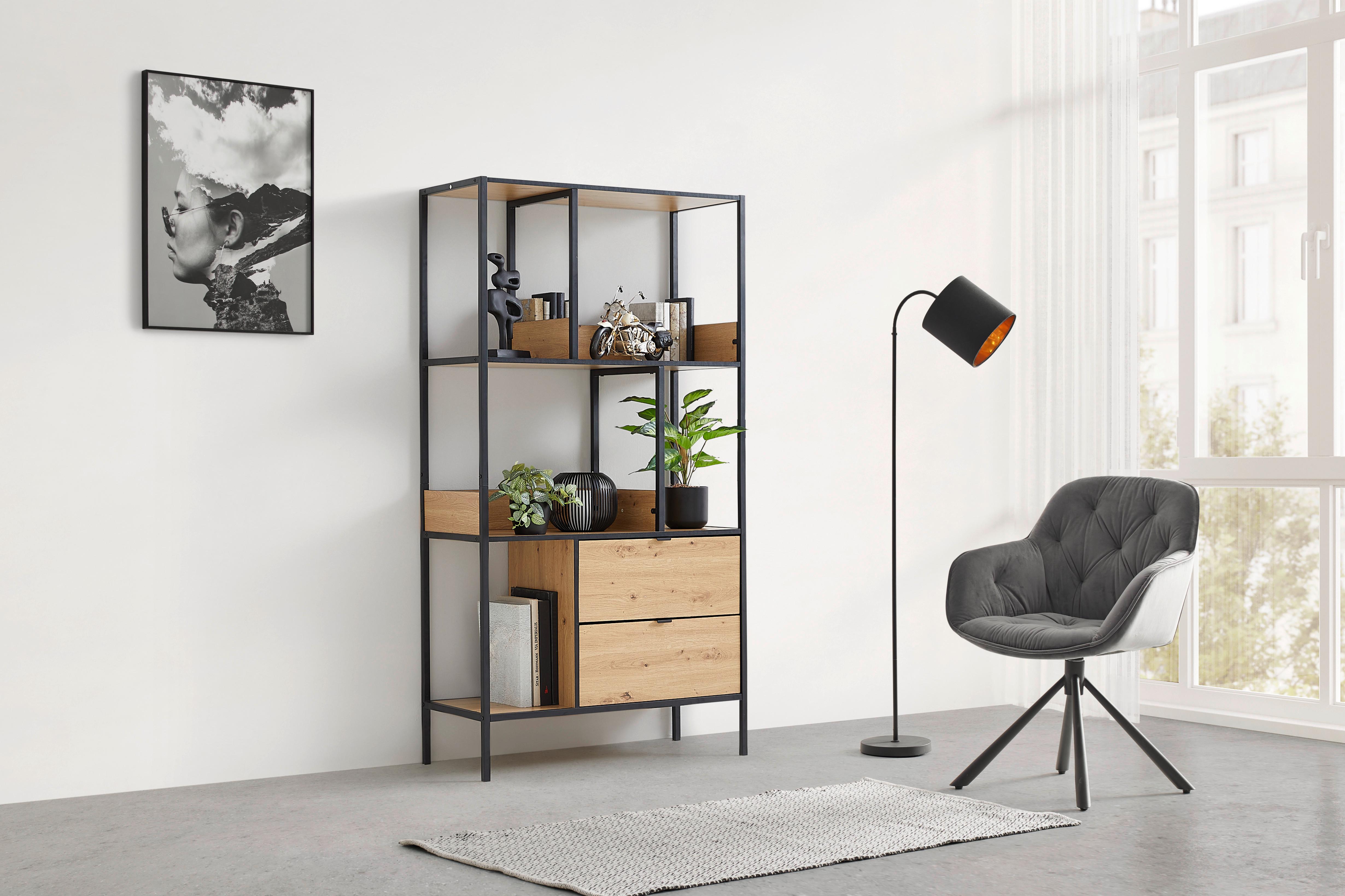 HYLLA QUEENS -EXKLUSIV- - svart/naturfärgad, Modern, metall/trämaterial (90/170/40cm) - Mömax