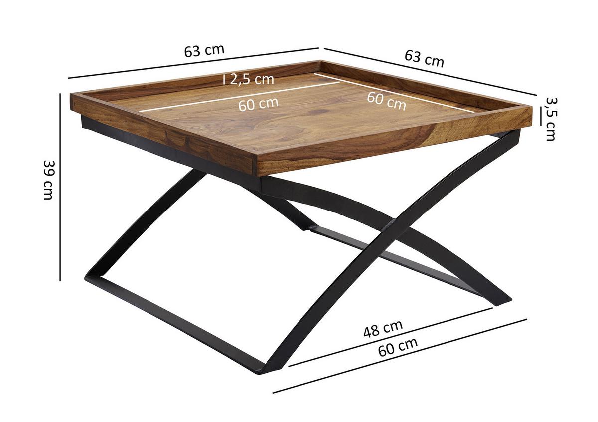 COUCHTISCH ca. 63x63 cm, aus Sheesham - Sheeshamfarben/Schwarz, Design, Holz/Metall (63/63/39cm) - MID.YOU