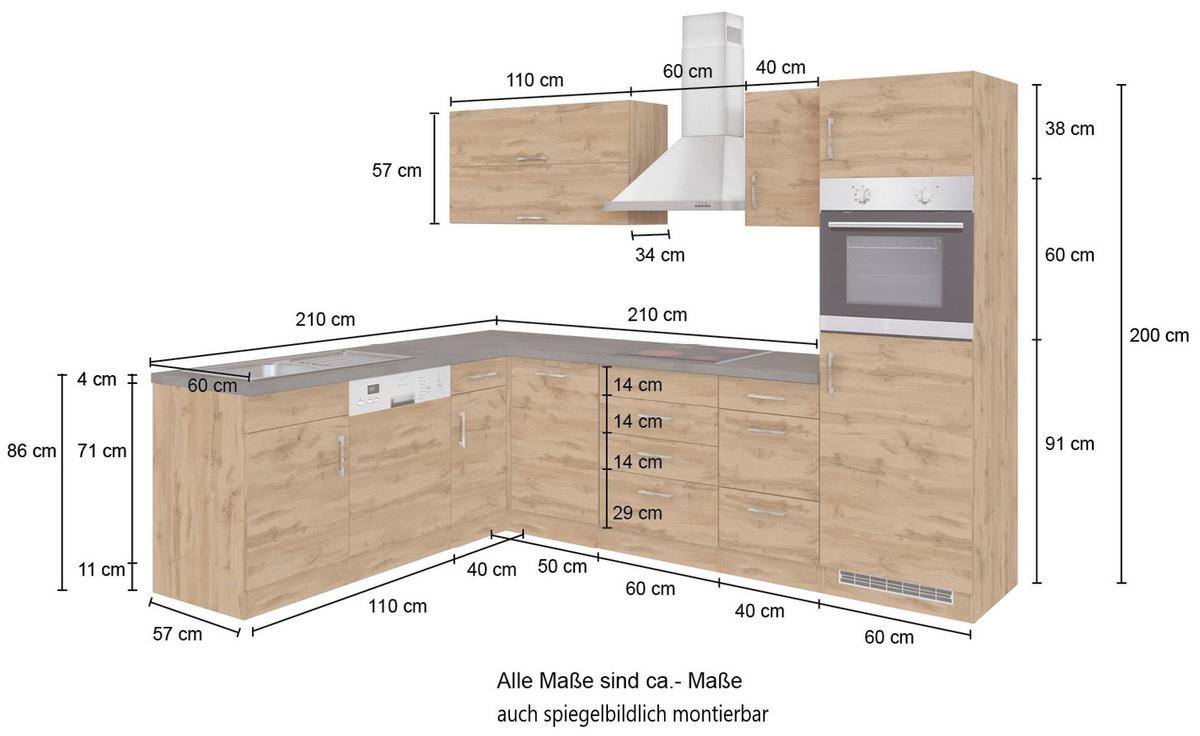Eckküche Winkelblock mit Geräten ca. 210x270 cm Weiß - Chromfarben/Eiche Wotan, MODERN, Holzwerkstoff/Metall (210/270cm) - Held