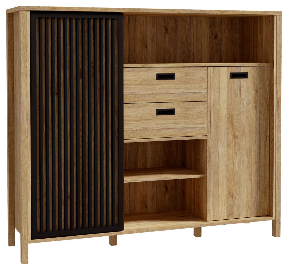 Highboard Jytana Schwarz/Eichefarben - Eichefarben/Schwarz, MODERN, Holzwerkstoff (149,9/129,9/40,2cm) - Premium Living