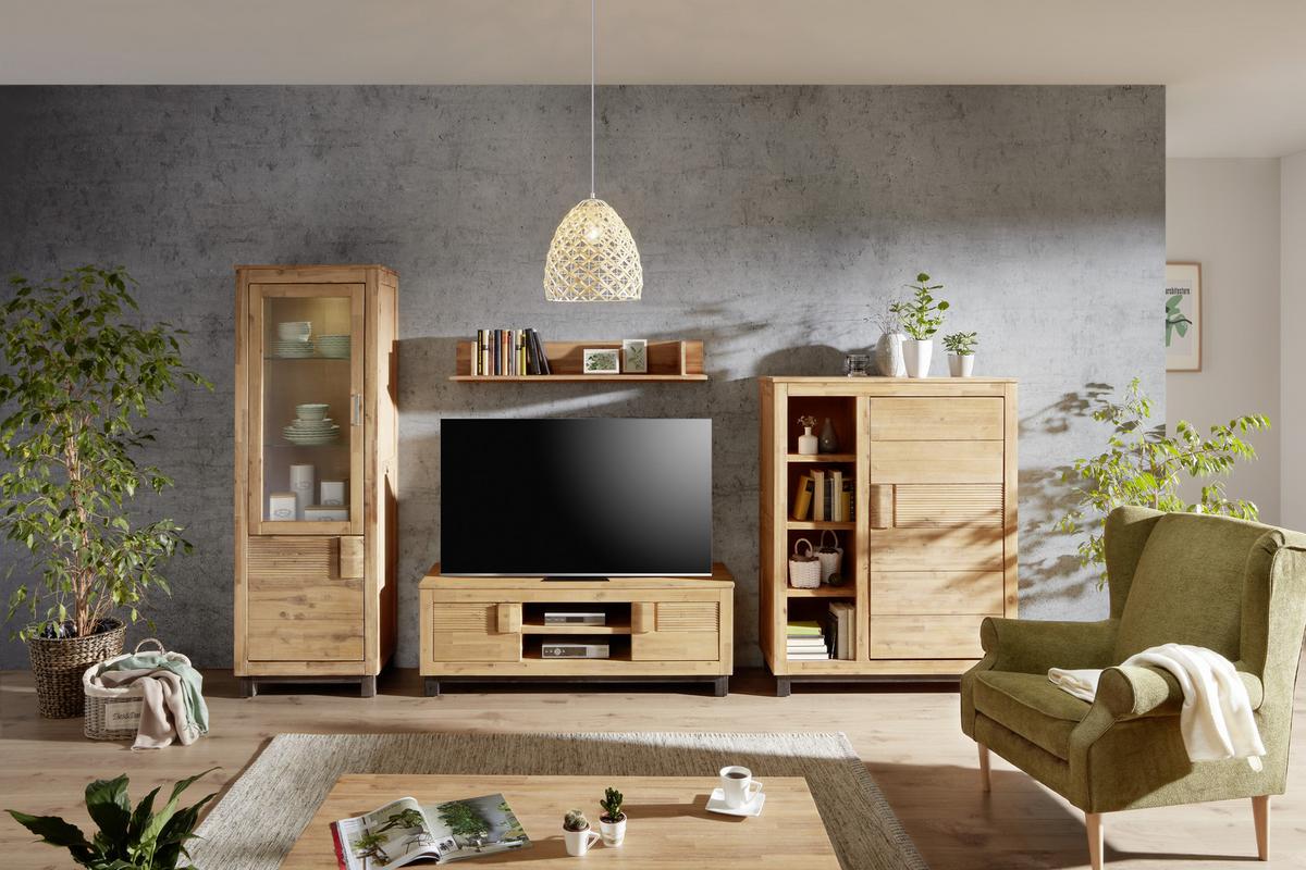 Vitrine aus Akazie teilmassiv - Silberfarben/Akaziefarben, Konventionell, Glas/Holz (65/190/45cm) - Zandiara