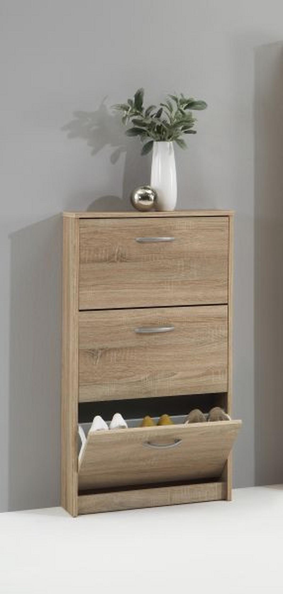 Cipősszekrény 3 Lenyíló Ajtó Step 3 - ezüst/tölgyfa, Modern, műanyag/faalapú anyag (58,5/104,5/17cm)