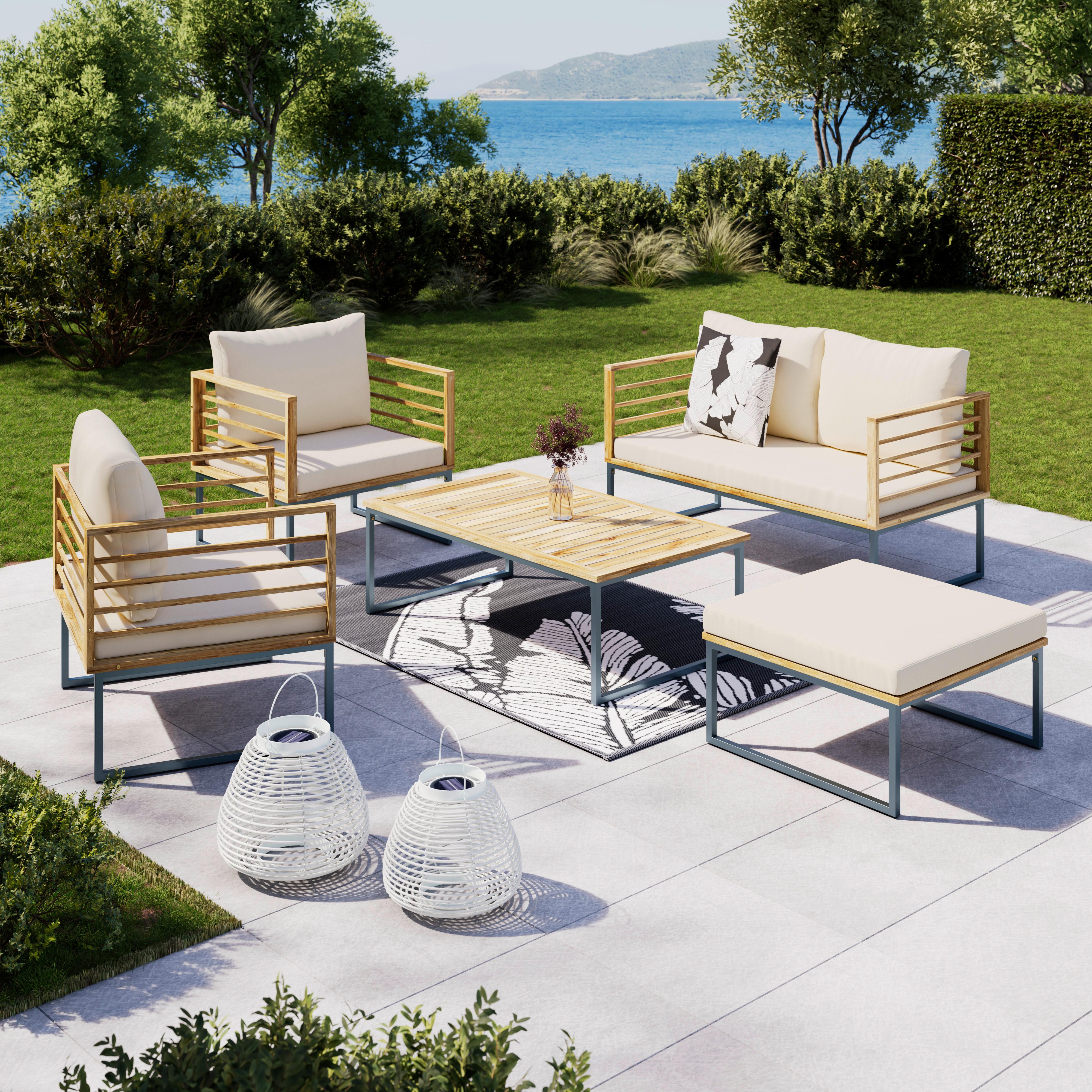Loungegarnitur Silas Creme Holz/Outdoorstoff/Metall - Creme/Akaziefarben, MODERN, Holz/Textil (130/85/80cm) - Bessagi Garden