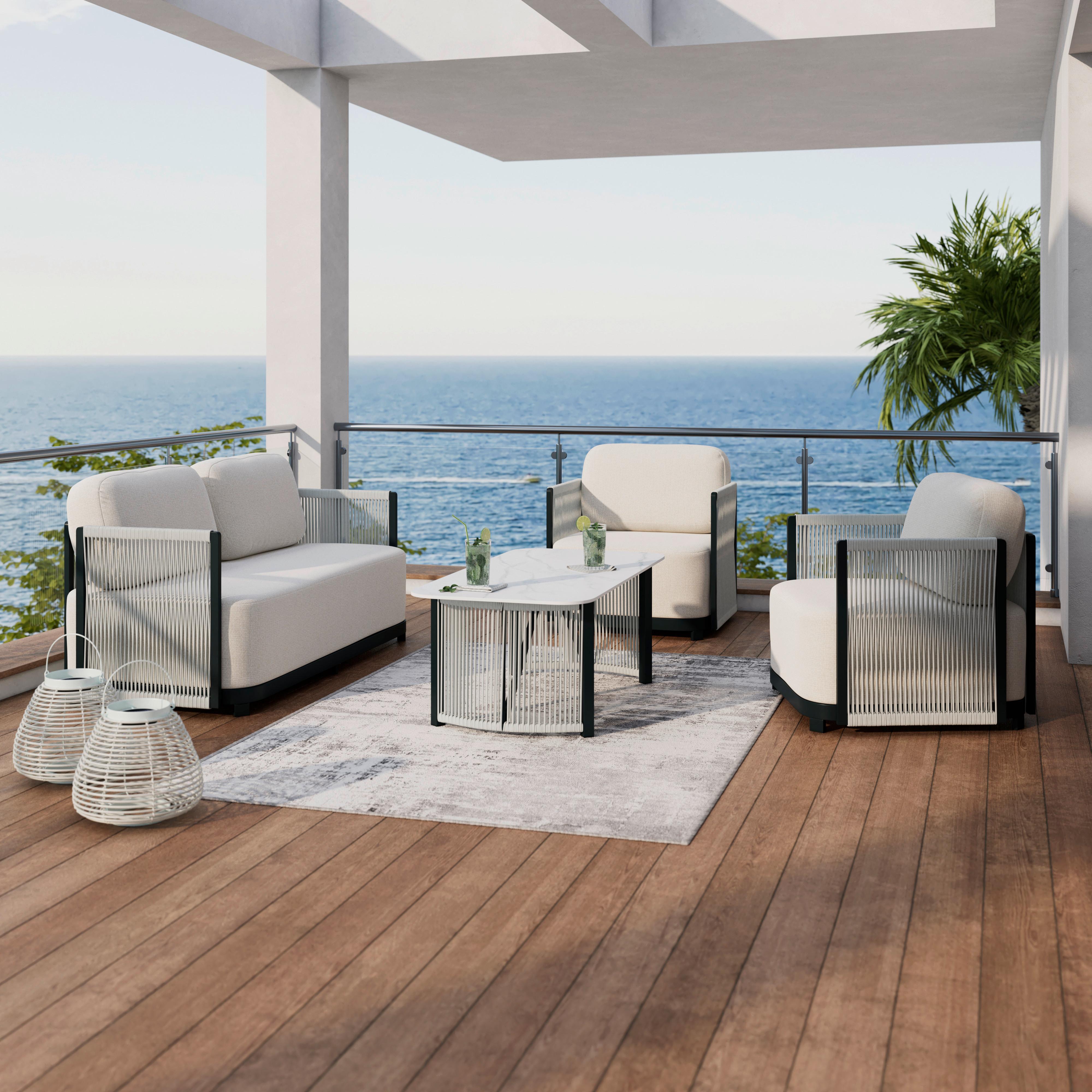 Loungegarnitur Coralie Creme Metall/Outdoorstoff +Abdeckung - Anthrazit/Creme, MODERN, Textil/Stein (155/62cm) - Bessagi Garden