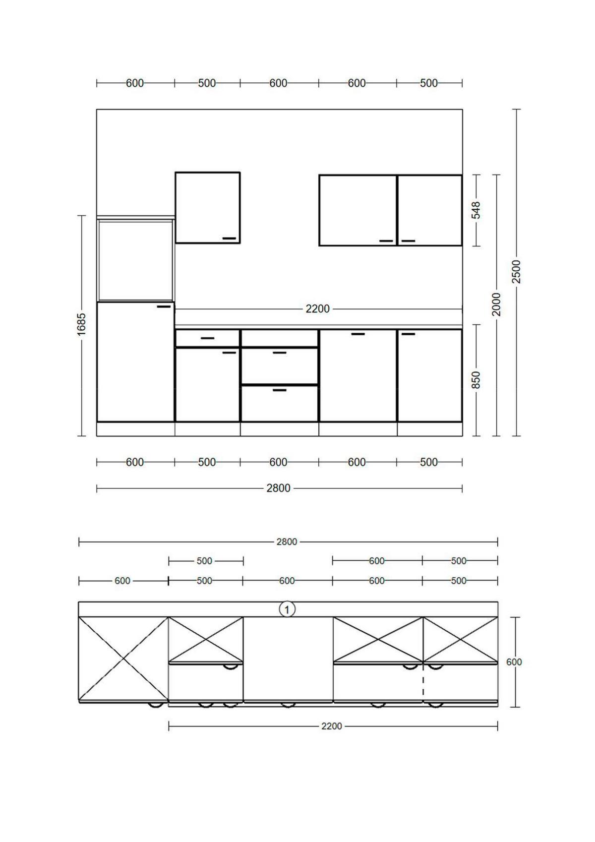 Küchenblock Julia m. Geräten Weiß/Eichefarben - Eichefarben/Schwarz, Basics, Holzwerkstoff/Metall (280cm) - FlexWell