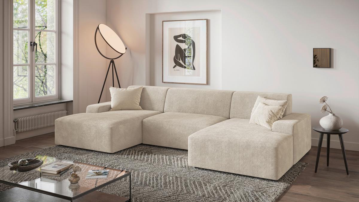 WOHNLANDSCHAFT WIEN - Creme/Schwarz, MODERN, Kunststoff/Textil (162/329/162cm) - Trendmanufaktur