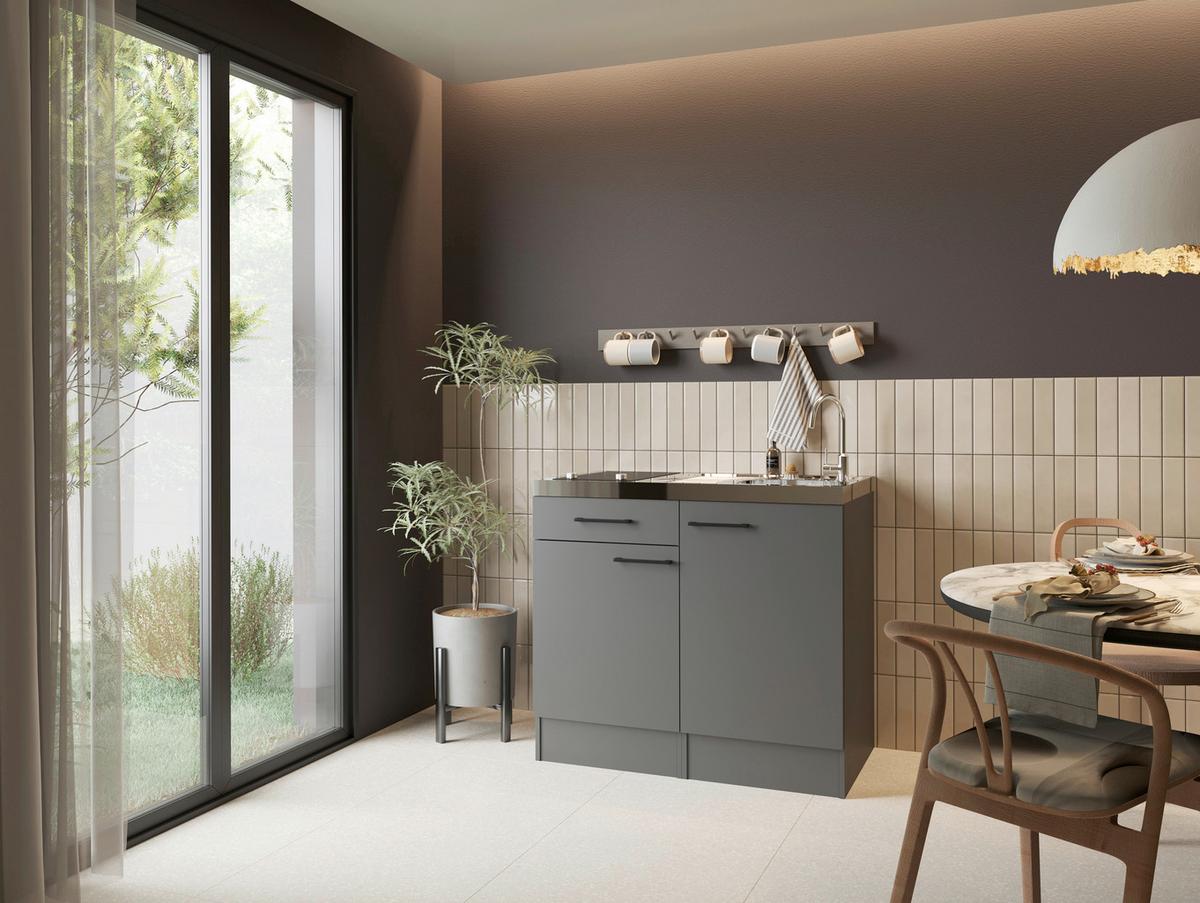 Miniküche Oliver m. Gerät ca. 100cm Grau - Schwarz/Grau, Trend, Holzwerkstoff/Metall (100cm) - Respekta