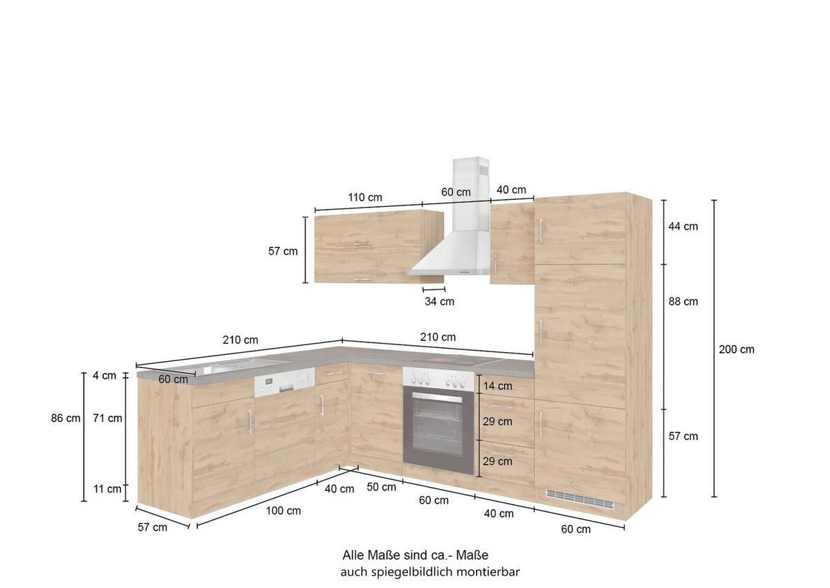 Eckküche Winkelblock ohne Geräte ca. 210x270 cm Weiß - Eichefarben/Alufarben, MODERN, Holzwerkstoff/Metall (210/270cm) - Held