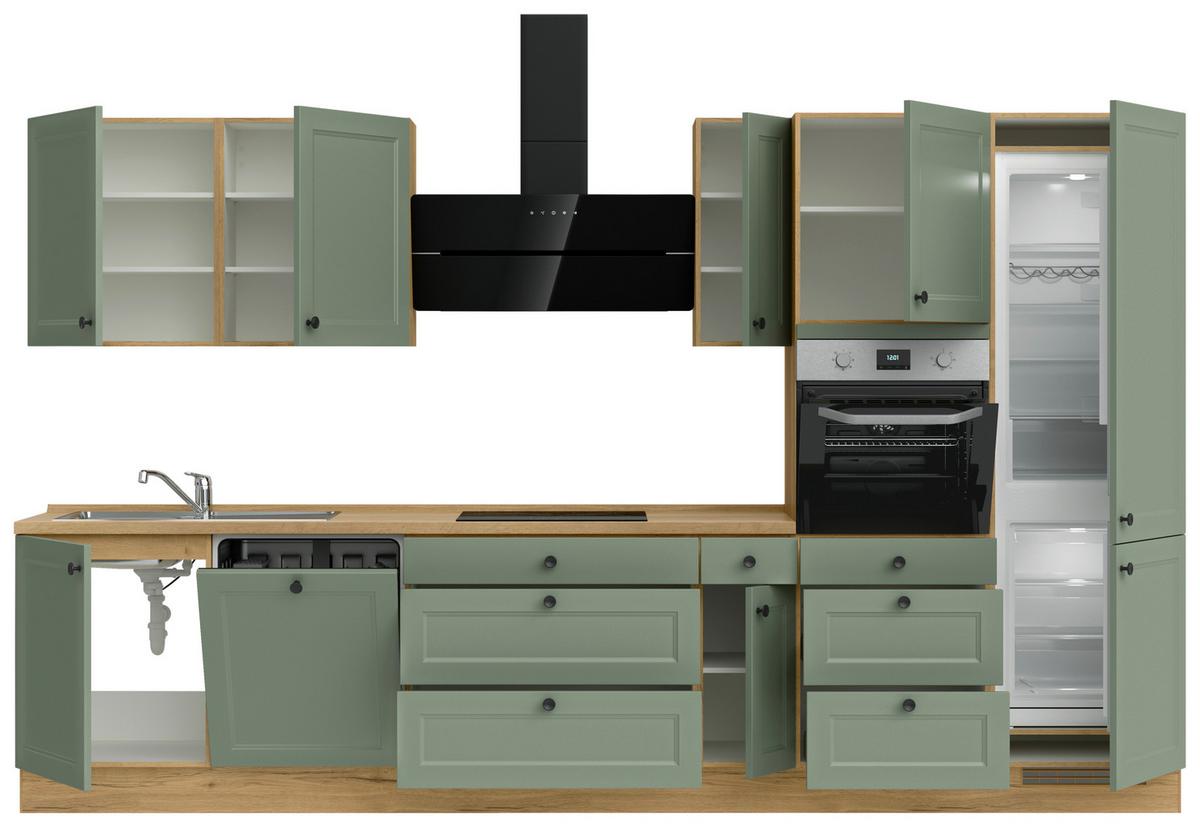 Küchenblock Cascada High m. Geräten Schilfgrün - Schilfgrün/Eichefarben, MODERN, Holzwerkstoff/Metall (360cm) - Nobilia