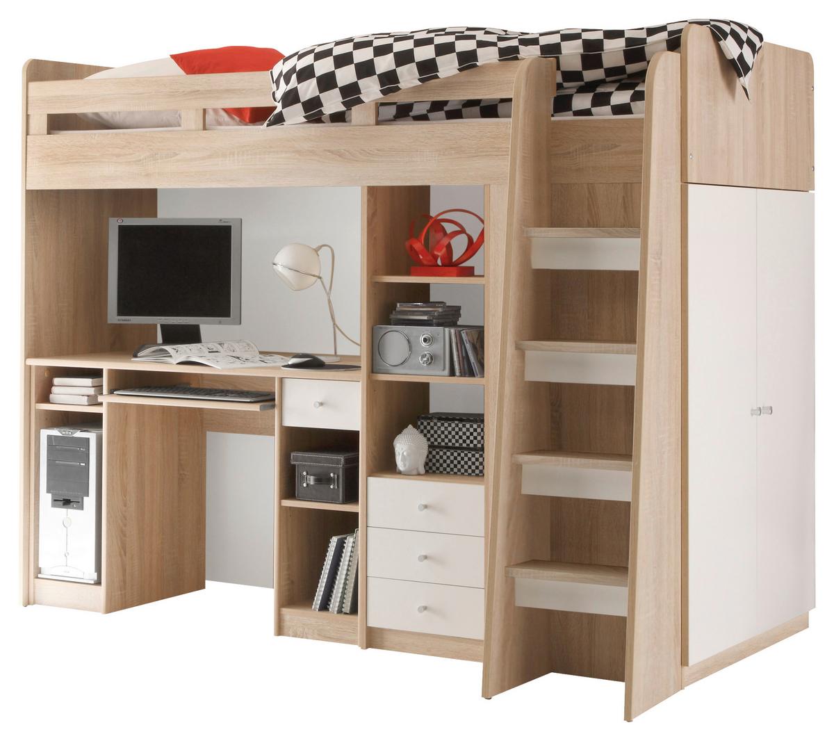 Visoka Postelja Unit, Barva Hrasta, Bela, 90x200 - barve hrasta/bela, Moderno, leseni material (90/200cm) - MID.YOU