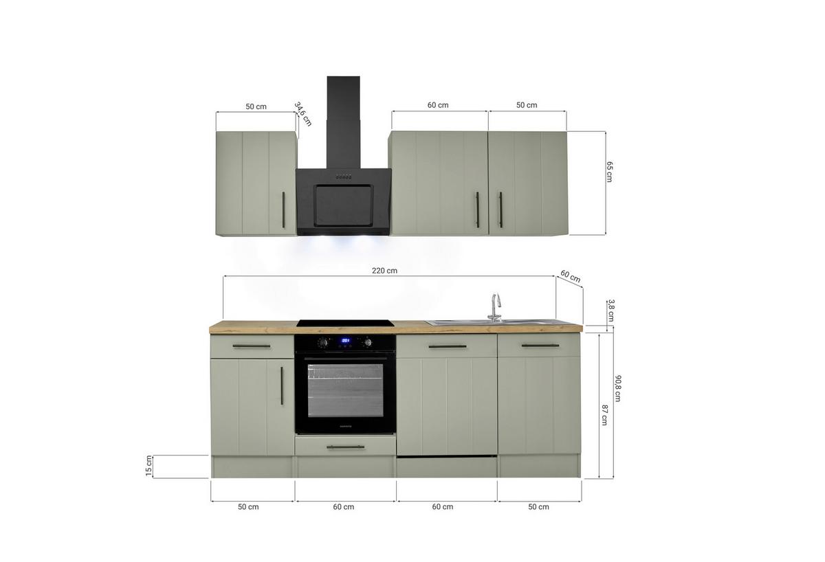 Küchenblock Anton m. Geräten Schilfgrün - Schilfgrün/Wildeiche, Trend, Holzwerkstoff/Metall (220cm) - Respekta
