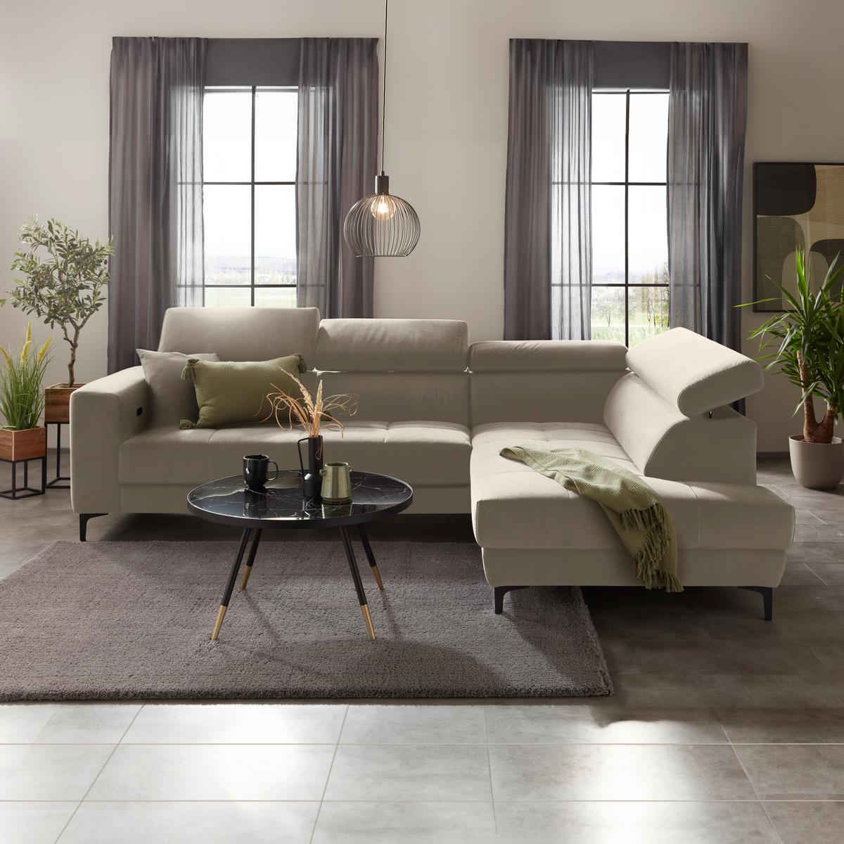 Ecksofa Emma rechts Beige - Beige/Schwarz, MODERN, Textil (301/210cm) - Premium Living