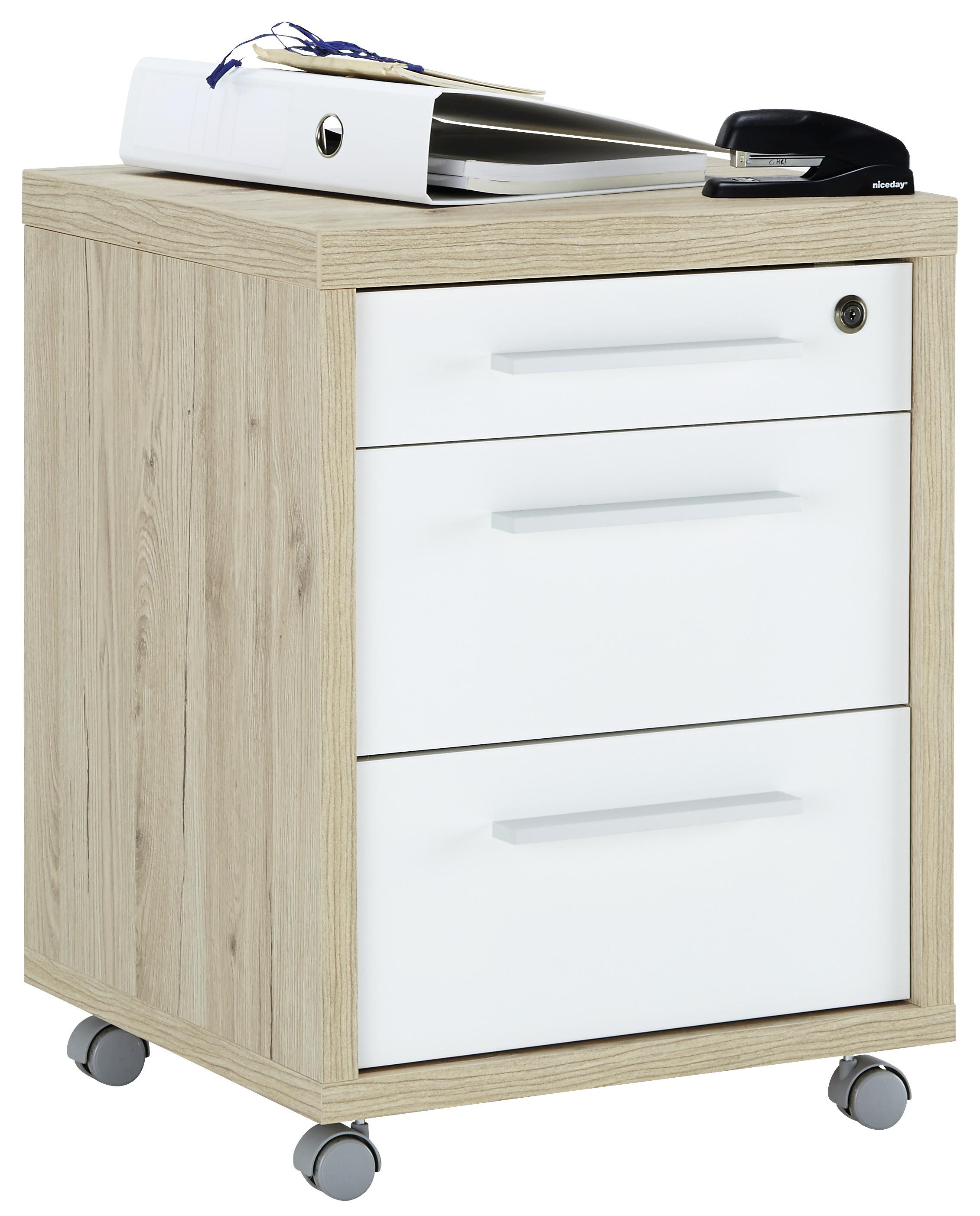 Rollcontainer in Weiß/Eichefarben - Eichefarben/Weiß, MODERN, Holzwerkstoff/Metall (47/61,5/45cm) - Modern Living