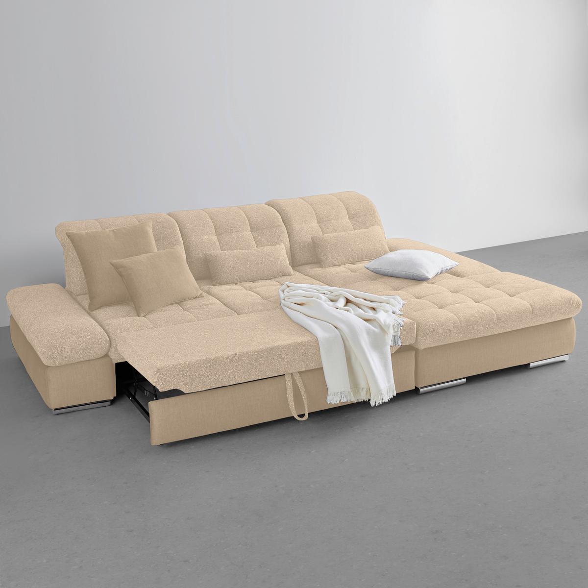 Wohnlandschaft Sanfino Beige - Chromfarben/Beige, KONVENTIONELL, Holz/Textil (305/79-96/199cm) - Premium Living