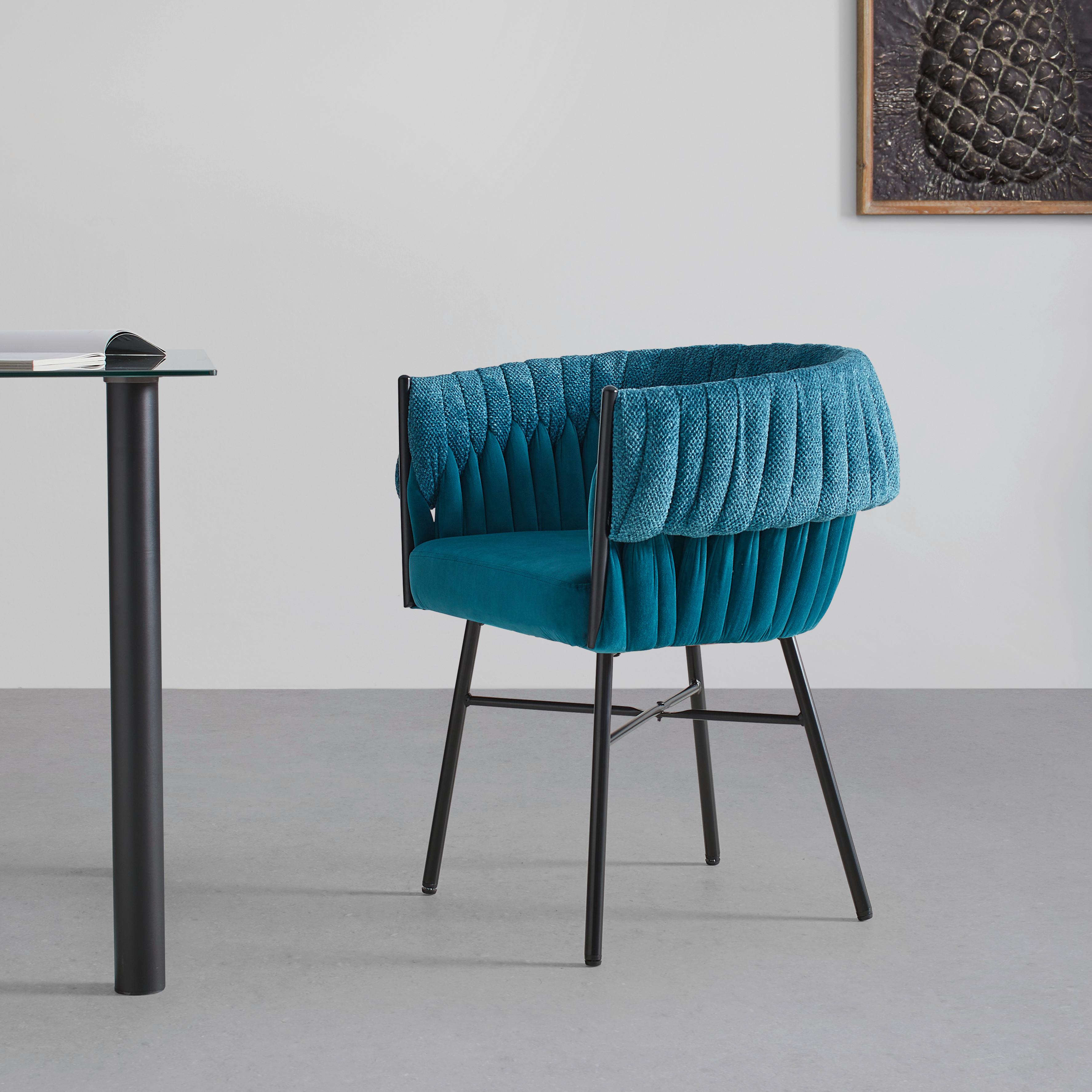 Armlehnstuhl Twisty in Samt/Chenille türkis - Türkis/Schwarz, MODERN, Textil/Metall (65/76/60cm) - Premium Living