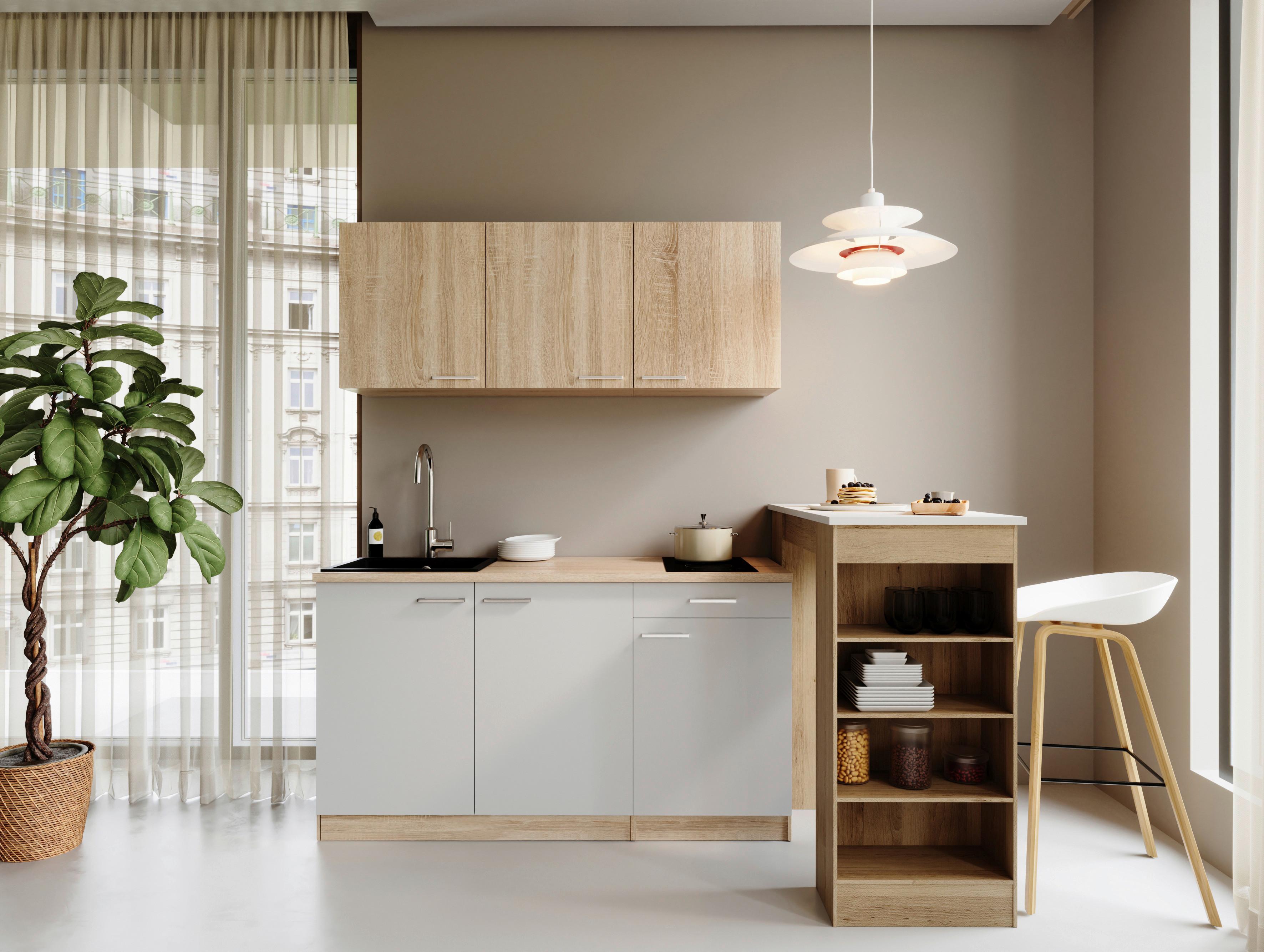 Miniküche Ingrid m. Gerät ca. 150cm Weiß - Eichefarben/Alufarben, Design, Holzwerkstoff/Kunststoff (150cm) - Respekta