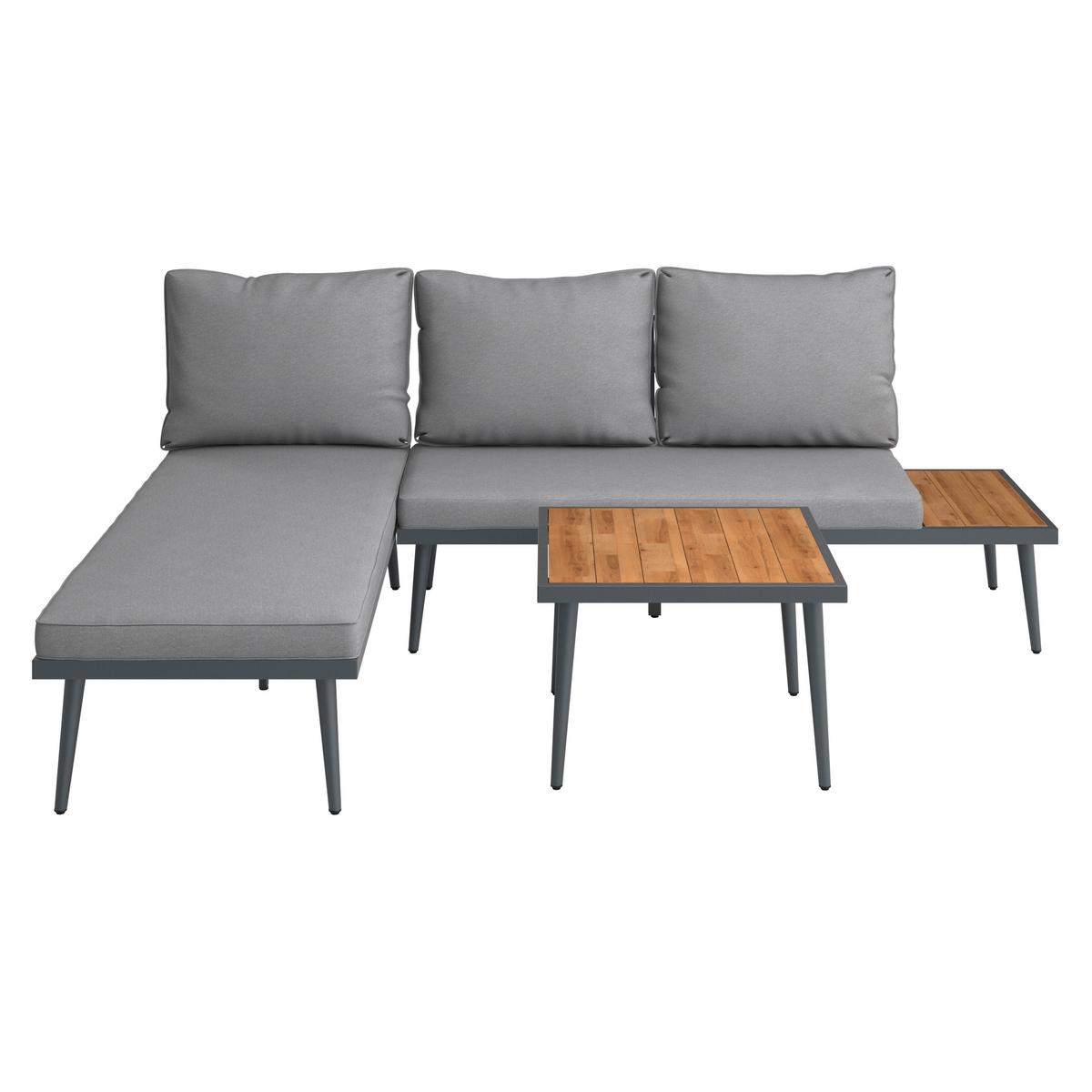 Loungegarnitur-Set Sallie Grau Holz/Metall/Outdoorstoff - Schwarz/Naturfarben, MODERN, Holz/Metall (205/76,5/58,5cm) - Bessagi Garden