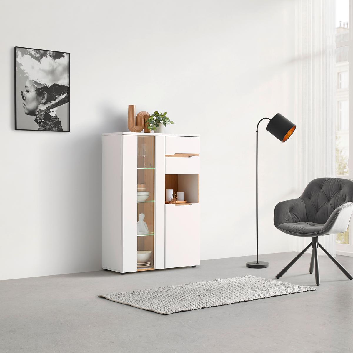 Vitrine Dallas Weiss/Eiche Artisan - Weiss/Schwarz, Modern, Holzwerkstoff (85/127/38cm) - Premium Living