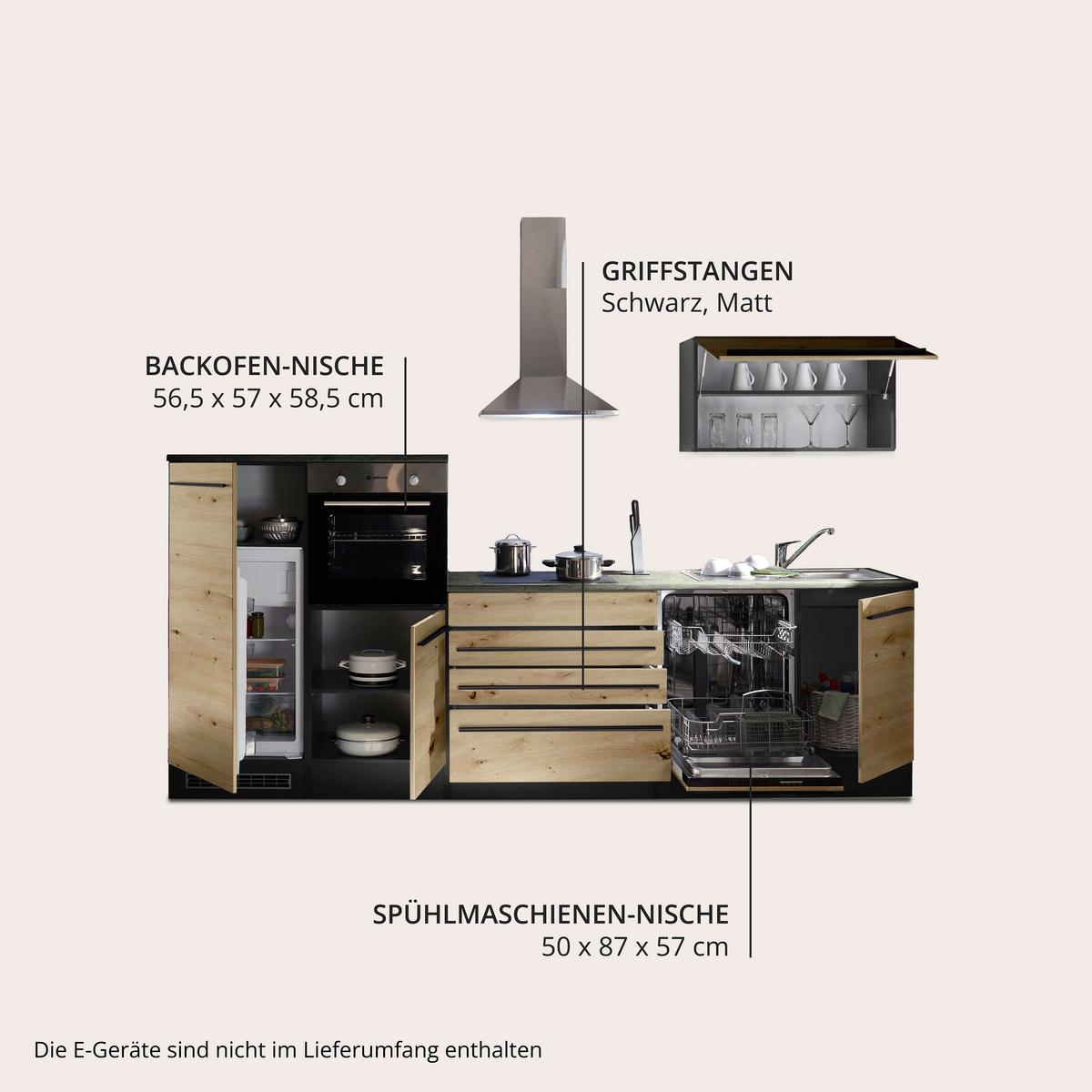 Küchenblock Jazz mit Geräten ca.320 cm Eiche/Anthrazit - Anthrazit/Schwarz, Basics, Holzwerkstoff/Kunststoff (320cm) - P & B