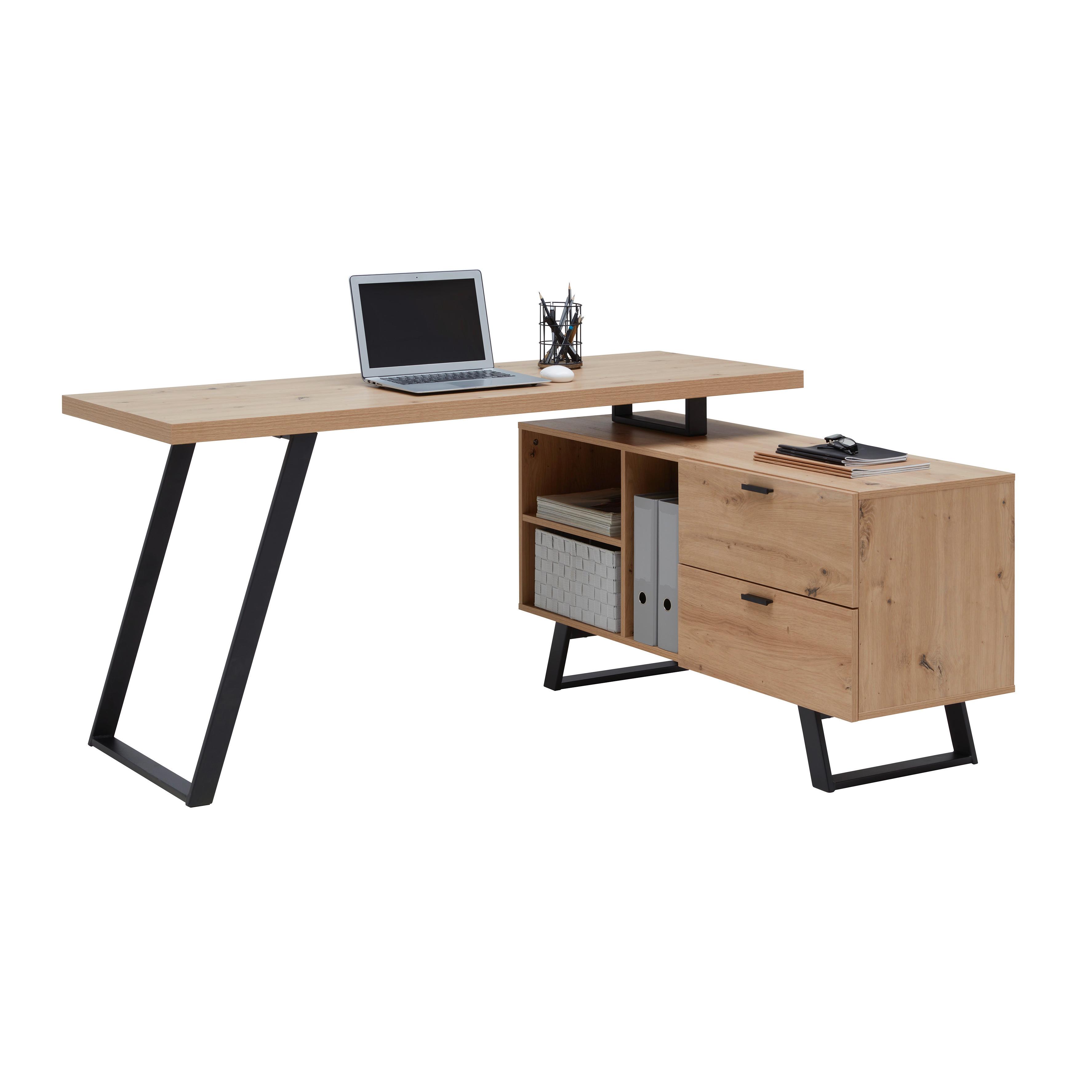 Eckschreibtisch Carmelo II in Schwarz/Eichefarben - Eichefarben/Schwarz, MODERN, Holzwerkstoff/Metall (150/75/120cm) - Mömax