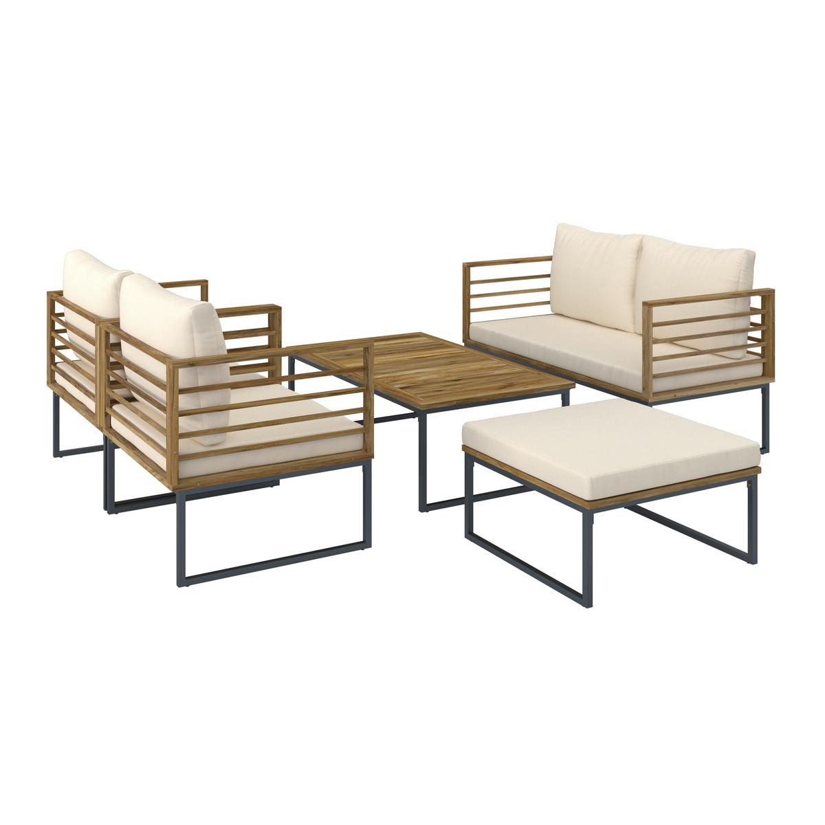 Loungegarnitur Silas Creme Holz/Textil/Metall - Creme/Akaziefarben, Modern, Holz/Textil (130/85/80cm) - Bessagi Garden