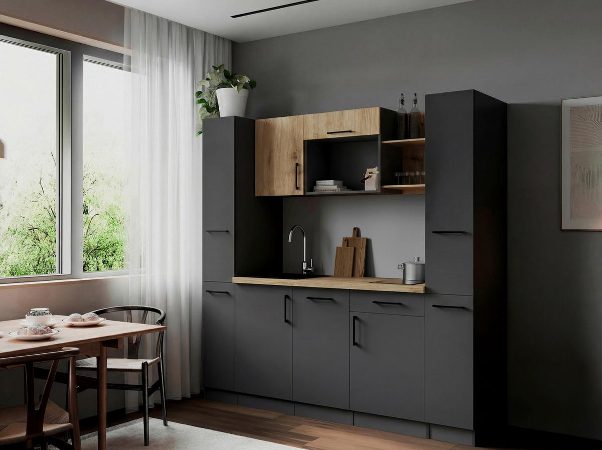 Küchenblock Oliver m. Geräten Grau - Eiche Artisan/Grau, Trend, Holzwerkstoff/Metall (205cm) - Respekta