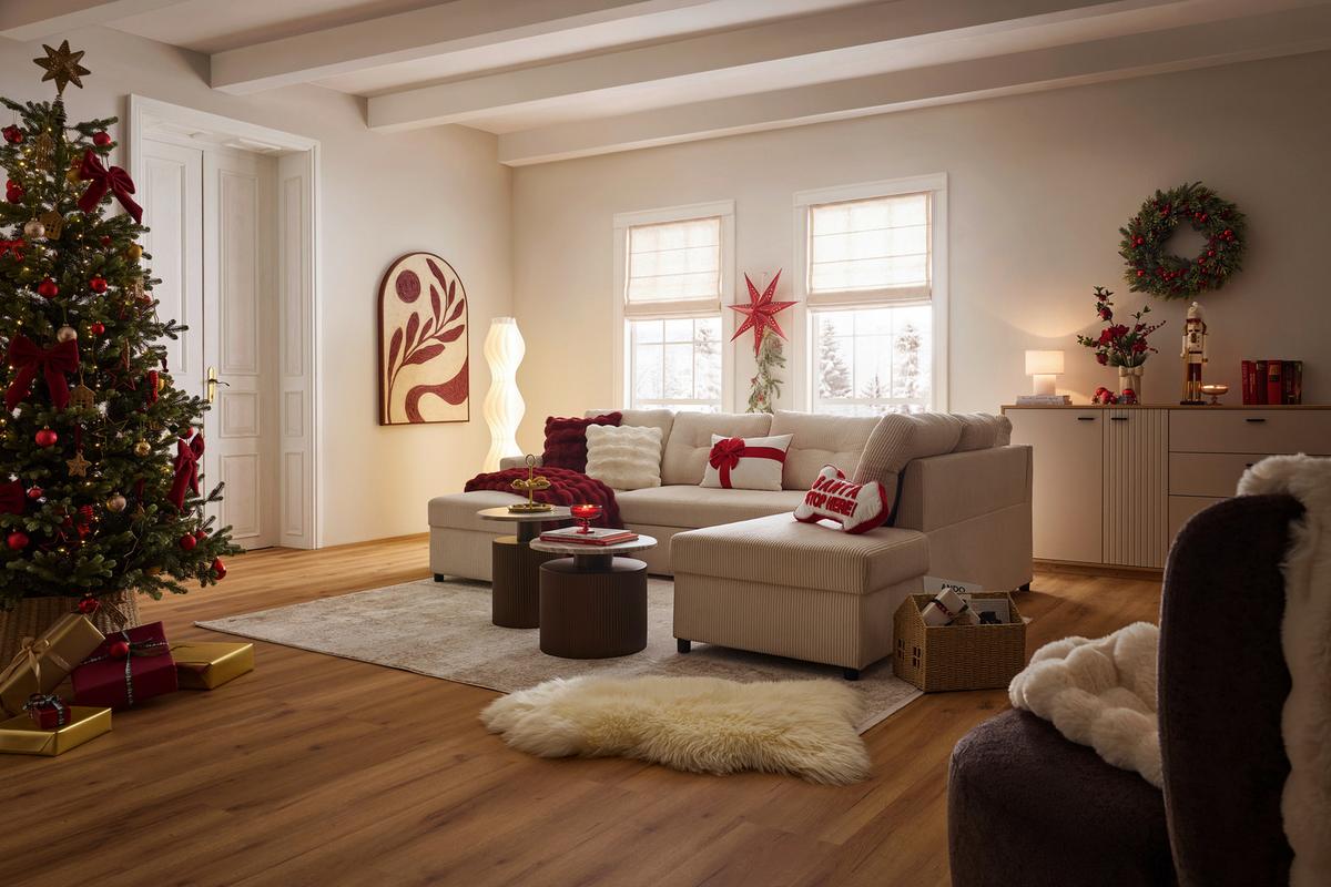 Wohnlandschaft Martina Acv Rechts Pearl - Beige/Schwarz, MODERN, Holz/Holzwerkstoff (146/276/204cm) - Mömax
