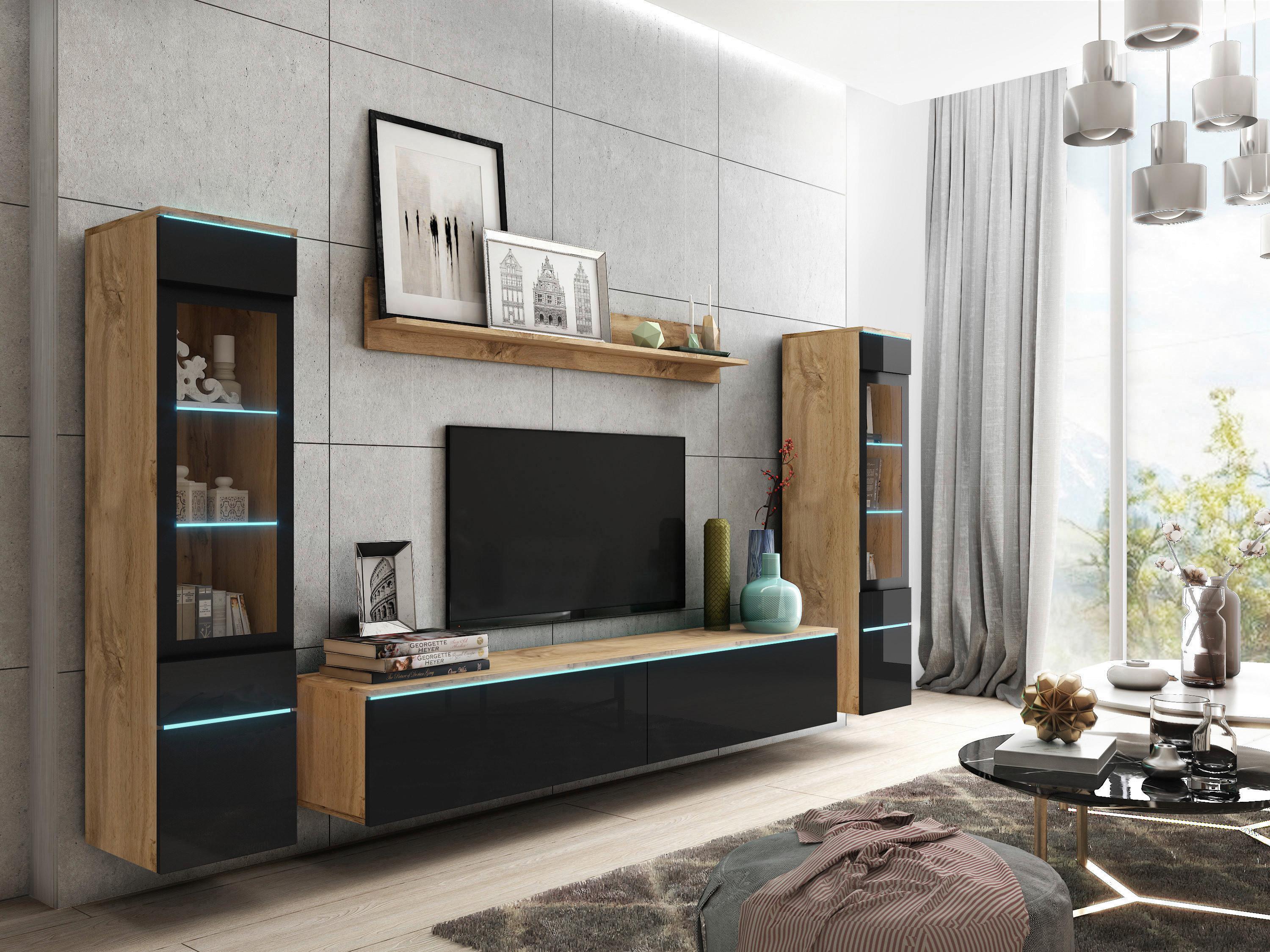 Wohnwand Vera 4-tlg. ca. 240x130 cm Eiche Wotan - Schwarz Hochglanz/Eiche Wotan, LIFESTYLE, Glas/Holzwerkstoff (240/130/33cm) - P & B