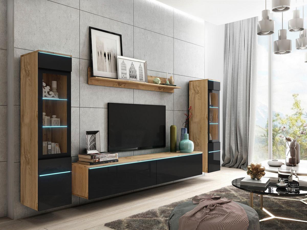 Dnevni Regal Vera, Črna, Barva Hrasta, 4-Delno, Led - hrast wotan/črna, Trendi, umetna masa/steklo (240/130/33cm) - P & B