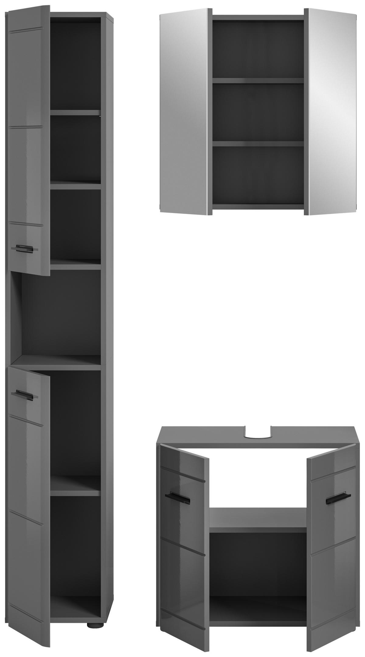 Badezimmer Soft 3-tlg. ca. 90 cm Grau hochglanz - Grau Hochglanz/Schwarz, MODERN, Holzwerkstoff/Kunststoff (90cm) - MID.YOU