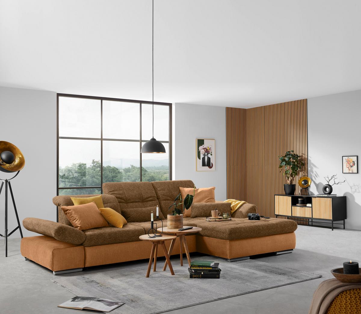 Wohnlandschaft Sanfino Cognac/Senfgelb - Chromfarben/Cognac, KONVENTIONELL, Holz/Textil (305/79-96/199cm) - Premium Living