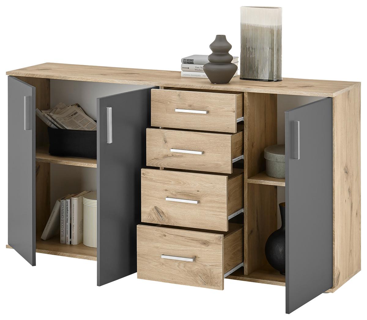 Široka Komoda Bc 1040, Barva Hrasta, Siva - srebrne barve/siva, Design, umetna masa/leseni material (160/84/35cm) - MID.YOU