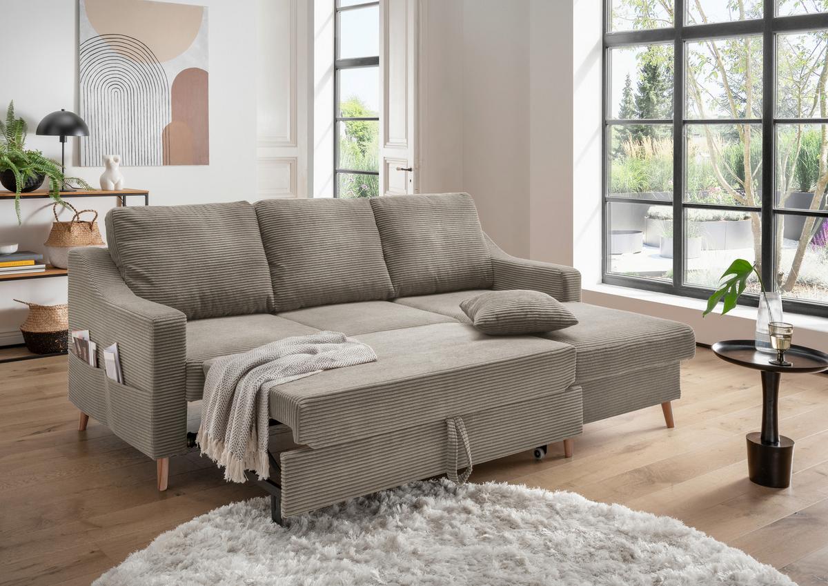 Ecksofa Valentina Cord ca. 228x150 cm Graubraun - Graubraun/Naturfarben, Design, Holz/Textil (228/150cm) - P & B