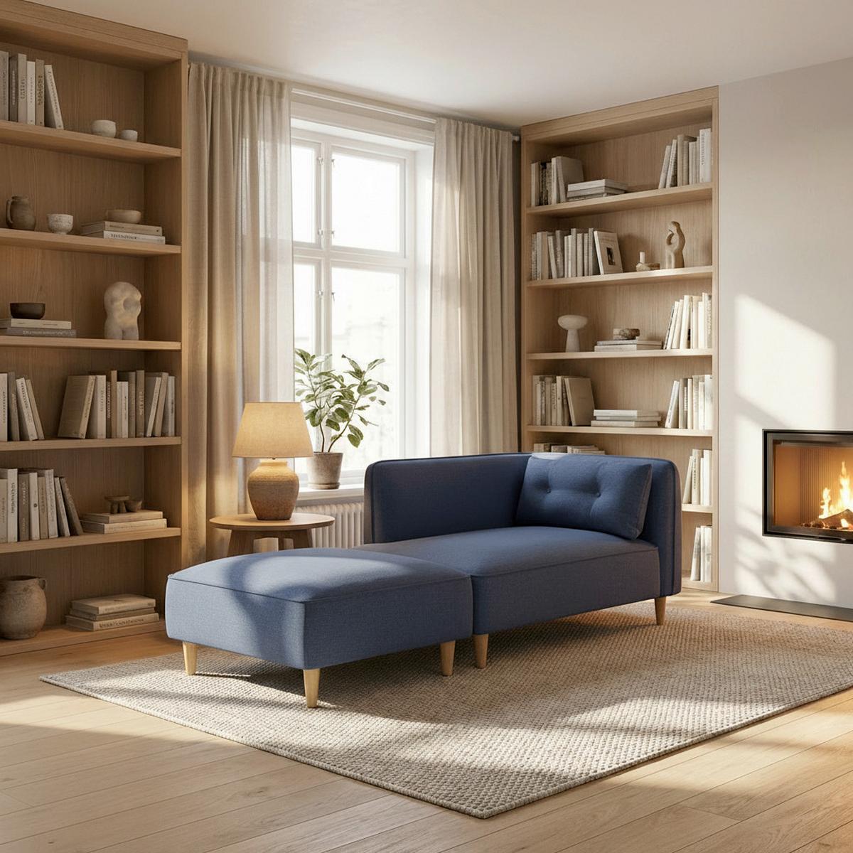 Sofa Fanny Blau Leinenoptik mit Hocker - Blau/Naturfarben, MODERN, Holz/Textil (154/55/73cm) - Bessagi Home