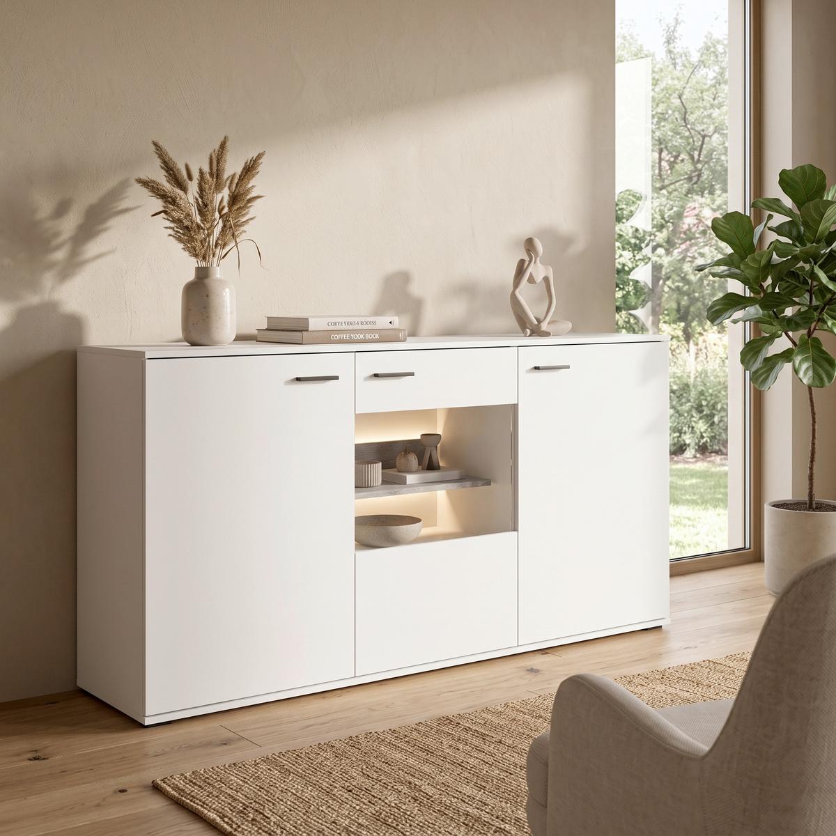 Komoda Cotia New - boja hrasta/bela, Moderno, staklo/metal (160/86,9/43,5cm) - Modern Living