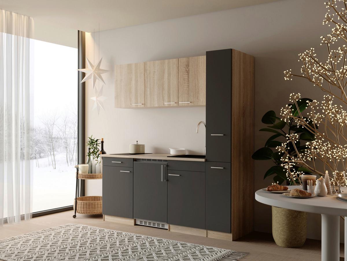 Küchenblock Ingrid m. Geräten Grau - Eichefarben/Alufarben, Design, Holzwerkstoff/Kunststoff (180cm) - Respekta