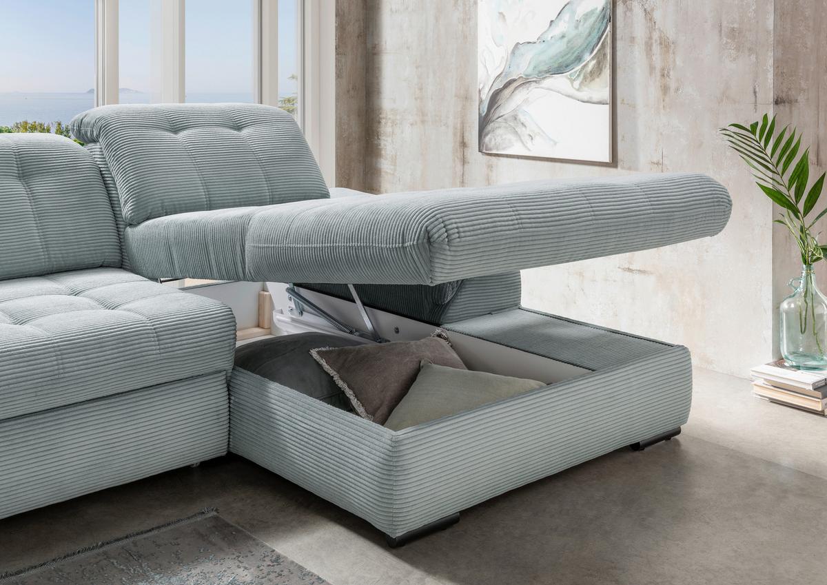 Ecksofa mit Bettkasten Rigatti ca. 314x184 cm Hellblau - Schwarz/Hellblau, MODERN, Textil/Metall (314/184cm) - Livetastic