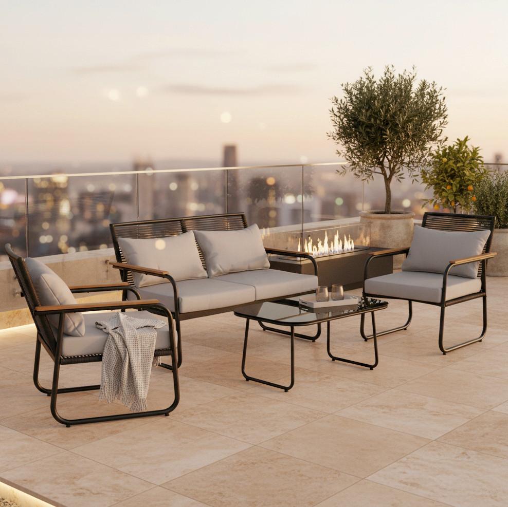 Loungegarnitur-Set Elly Grau Metall/Outdoorstoff - Schwarz/Naturfarben, MODERN, Glas/Kunststoff (116/77/71cm) - Bessagi Garden