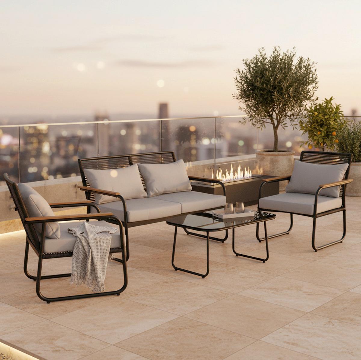 Gartenlounge-set Elly Grau Aus Metall/textil - Schwarz/Naturfarben, Modern, Glas/Kunststoff (116/77/71cm) - Bessagi Garden