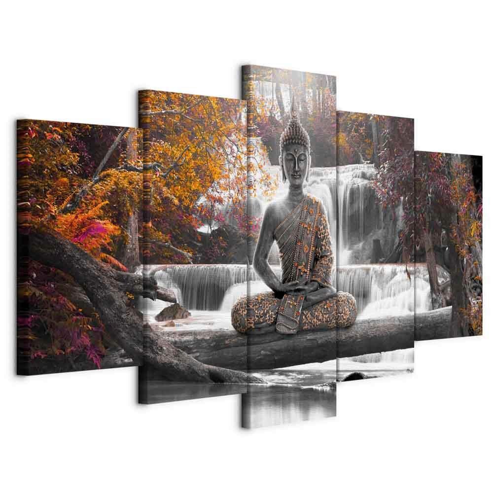 Slika Na Platnu Autum Buddha - siva/temno oranžna, Basics, tekstil/leseni material (100/50/1,2cm) - artgeist