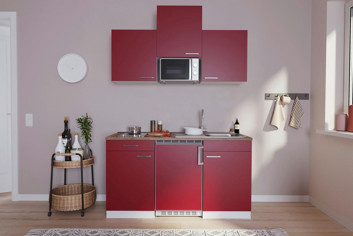 Miniküche Economy m. Geräten Rot B: ca. 150 cm - Edelstahlfarben/Rot, Basics, Holzwerkstoff/Kunststoff (150cm) - Respekta